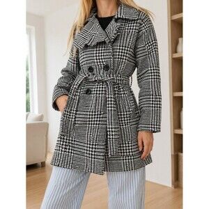 XOXO Vintage Trench Belted Collared Women's Houndstooth Peacoat Jacket M